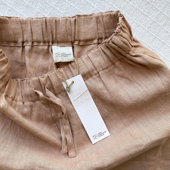 NWT Linen Handmade Studio 100% Linen‎ Kaia Pants Cream Tan Drawstring Relaxed - Picture 5 of 11
